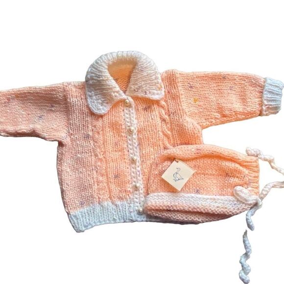Vintage Handmade Baby/Toddler Apricot Cardigan Sweater with Matching Cap NWT - Picture 1 of 9